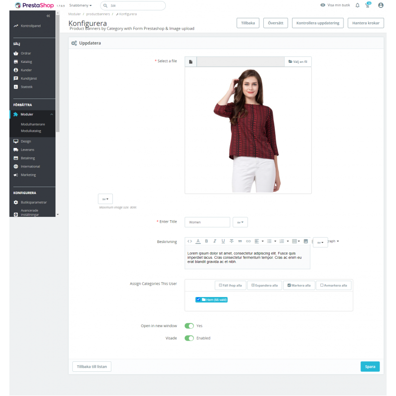 Produktbanners med formulär Prestashop & ladda upp bild