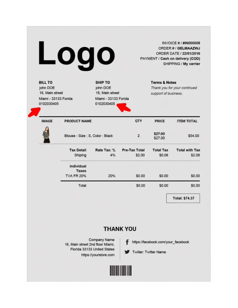 Missing phone number prestashop invoice to delivery address copy